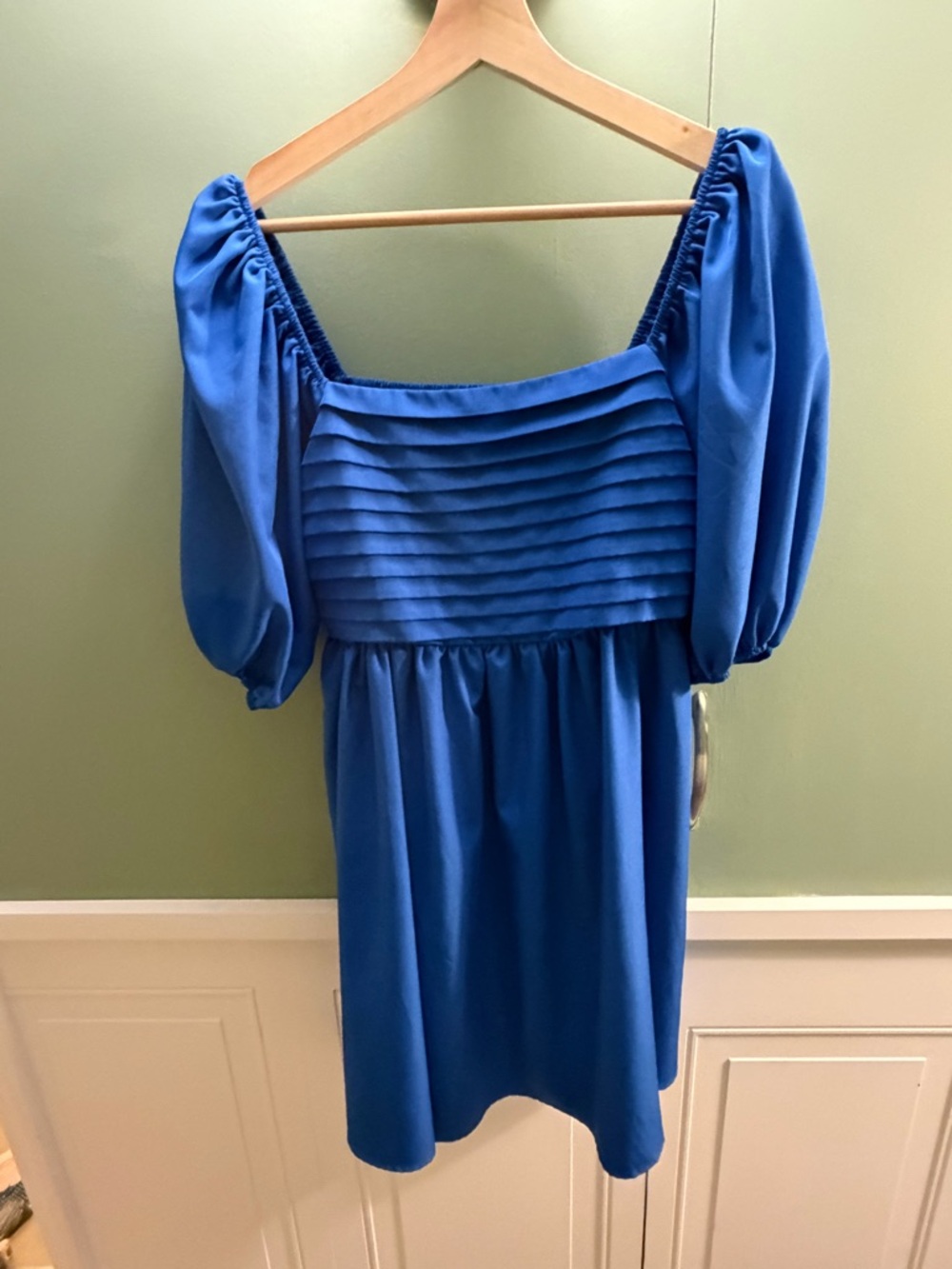Amazon Blue Puff-Sleeve Pleated Bodice Dress